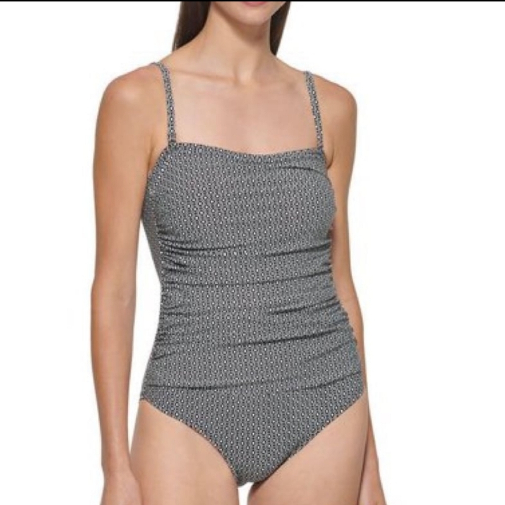 DKNY Women's One Piece Swimsuit Bandeau Maillot Black White Geo